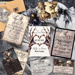 Til Death Do Us Part Hochzeit Invite Bündel Skelett Braut & Bräutigam, Beinhaltet alles von Save the Dates bis Thank You Notecards JACK