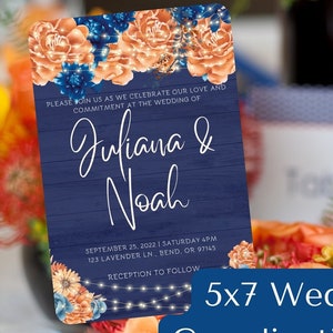 Faire-part de mariage orange bleu royal élégant Suite, 6 pièces, carte réponse RSVP, réservez la date, modèle Canva de doublure d'enveloppe coordonné MOD