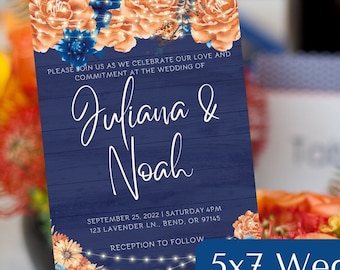 Elegant Orange Royal Blue Wedding Invitation 6 piece Suite RSVP Response Card, Save the Date, Coordinating Envelope Liner Canva Template MOD