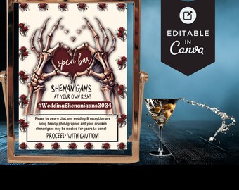 Enseigne gothique mariage open bar : squelette et roses, modèle canva modifiable (téléchargement numérique)
