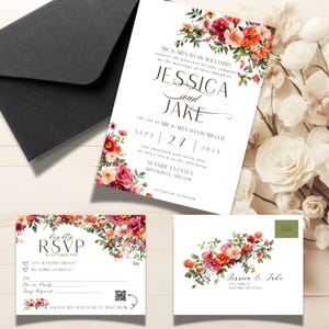 Conjunto de invitaciones de boda con flores rosas bohemias, plantilla de Canva editable, descarga instantánea, flores silvestres rústicas de color rosa brillante y rojo con postal RSVP