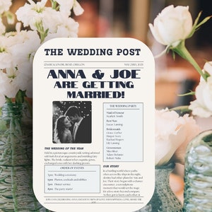 Pode incluir: Um anúncio de casamento estilo jornal vintage para Anna e Joe. O título principal é "Anna e Joe vão casar!" com uma foto do casal no canto superior direito. O anúncio inclui detalhes sobre a festa de casamento, a ordem dos eventos e a história de amor deles.