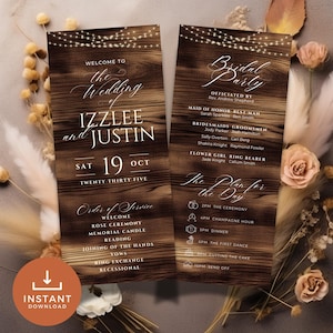 Puede incluir: Invitación de boda con un diseño rústico de vetas de madera, con los nombres "Izzlee y Justin" y la fecha "19 de octubre". La invitación incluye el orden de la ceremonia y los detalles de la fiesta nupcial.