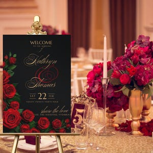 Placa de boas-vindas de casamento elegante em preto e dourado, placa de casamento com rosas vermelhas, modelo Canva 18x24 para impressão, sinalização de casamento moderna, download instantâneo