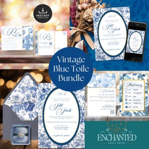 Elegante paquete de invitaciones de boda en azul, paquete de boda en toile azul vintage, invitaciones exquisitas para una apariencia clásica, regalo de novia encantador BLU