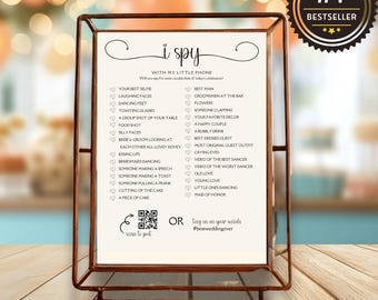 Juego de búsqueda del tesoro con fotos de boda, cartel de mesa "Veo, veo" (plantilla editable)