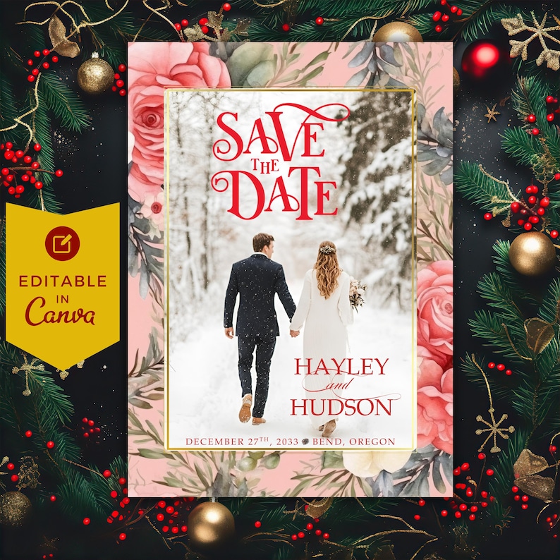 Winter Rose Save the Date Template Editable Canva Photo Card Romantic Winter Rose Save the Date Template Editable Canva Photo Card Romantic