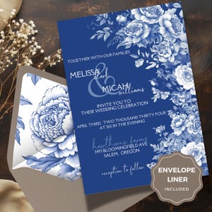 Chinoiserie Hochzeitseinladung Vorlage Elegant Blau Weiß Toile de Jouy DIY Canva Bearbeitbar Sofortiger Download BLUTILE