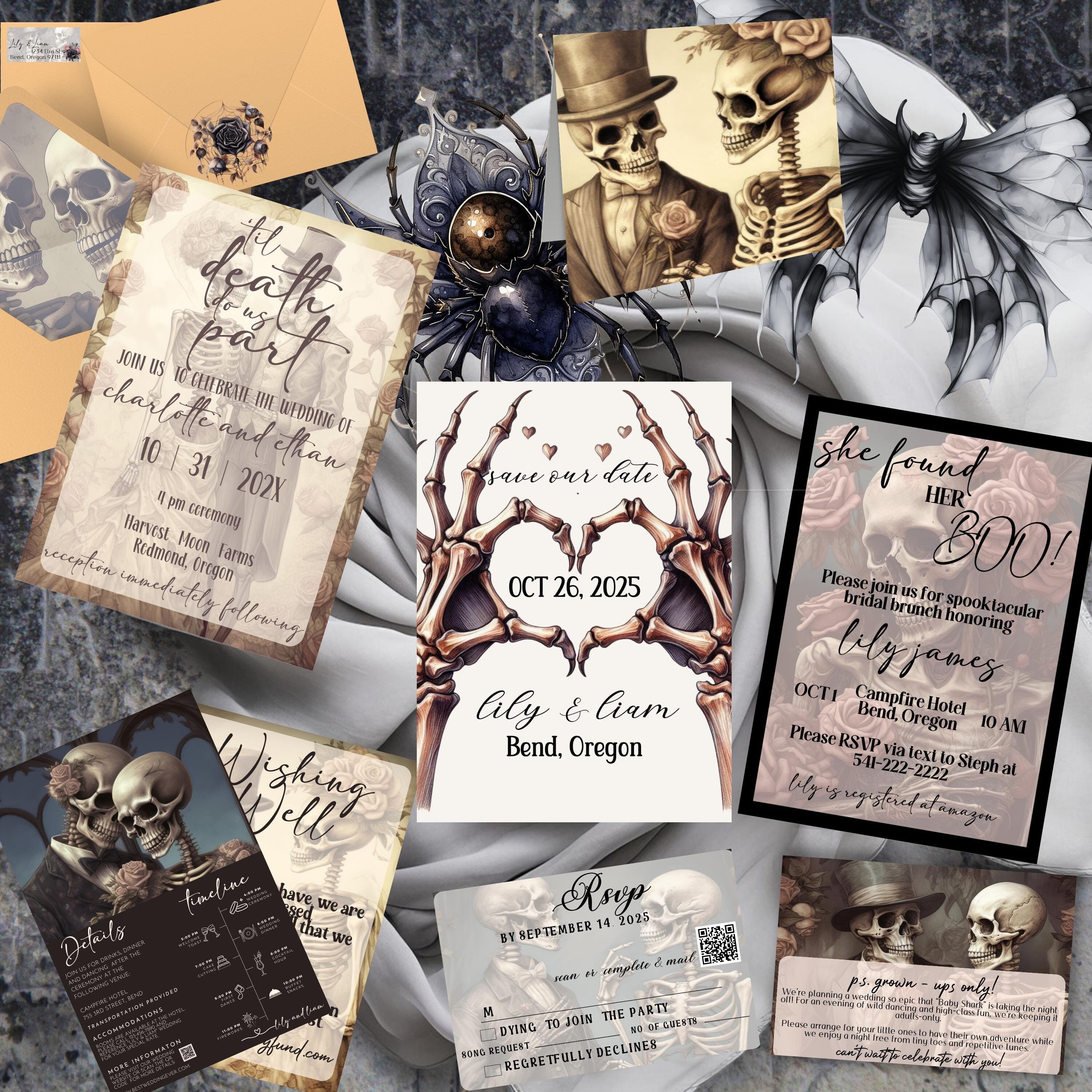 Til Death Do Us Part Wedding Invite Bundle Skeleton Bride & Groom, Includes everything from  Save the Dates to Thank You Notecards JACK