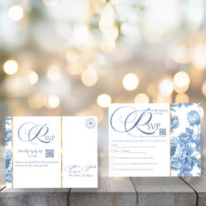 Elegante cartão postal francês azul toile RSVP com folha de ouro vintage romance delicado luxo extravagante código QR resposta cartão gentilmente responder clássico BLU