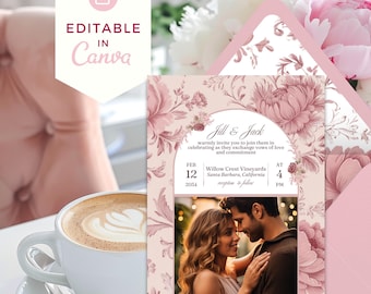Dusty Pink Floral Wedding Invitation Set, Vintage Toile (Editable Canva Template)