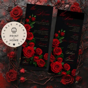 Elegante Hochzeitsmenü Vorlage Canva Editierbar | Rote Rose Bar Menü digitaler Download | Formelle Dinner-Party-Menü-Design REDROSE