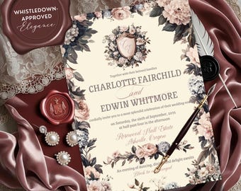 Vintage Floral Crest Wedding Invitation Template | Editable Canva Design (Digital Download)