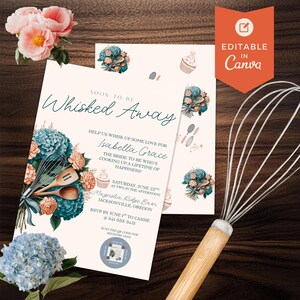 May include: Wedding invitation with floral and kitchen-themed illustrations. The invitation features the text "Whisked Away" and details for Isabella Grace's wedding, including the date, time, and location. A whisk and flowers are in the foreground.