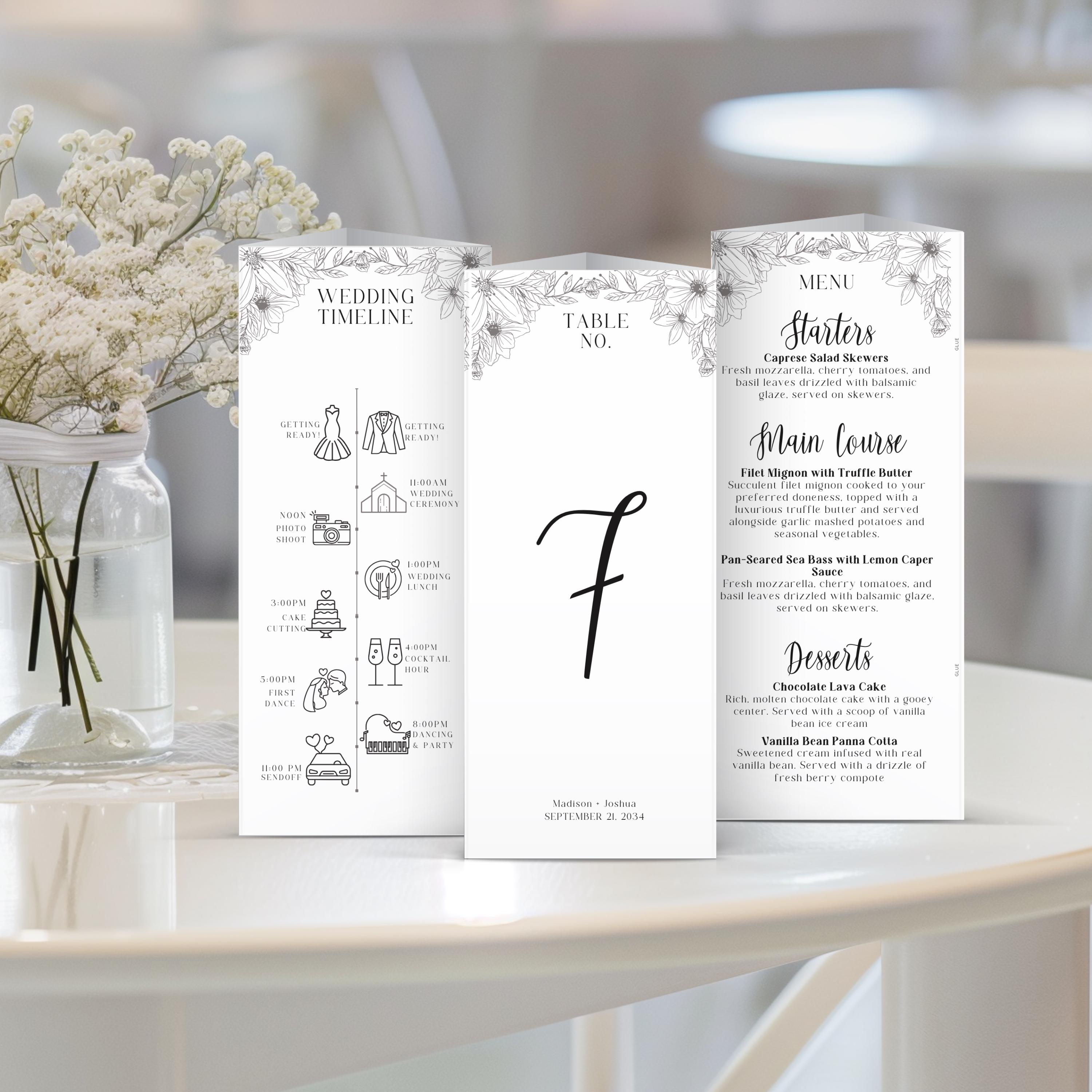 Floral Trifold Wedding Sign Template: Minimalist Table Menu, Timeline ...