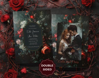 May include: Double-sided wedding invitation with a dark floral design and a photo of a couple. The invitation features the names Calla Jameson and Jace Wilder, along with the wedding date and venue.