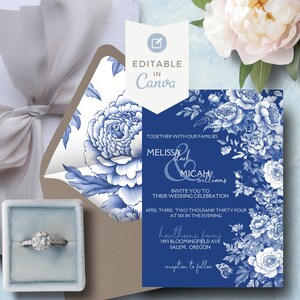 Plantilla de invitación de boda en azul Toile, diseño chinoiserie (editable en Canva, descarga instantánea)
