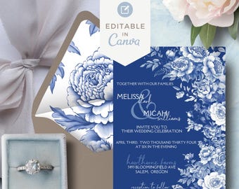 Plantilla de invitación de boda en azul Toile, diseño chinoiserie (editable en Canva, descarga instantánea)