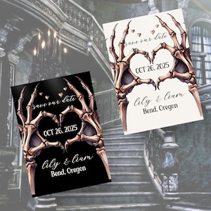 Fino alla morte non ci separi Invito a nozze gotico, modello salva la data in bianco e nero, matrimonio di Halloween, scheletro delle mani del cuore di ottobre JACK