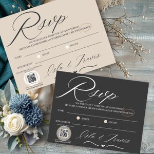Modèles de faire-part de mariage RSVP QR Code Canva | Carte numérique modifiable élégante minimaliste Téléchargement instantané Demande de chanson noir et beige ELLIE