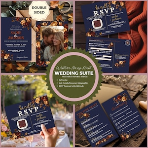 Peut inclure: Un ensemble de faire-part de mariage bleu marine avec des accents floraux. L'ensemble comprend une invitation de 5x7 pouces, une infographie détaillée et une carte postale RSVP. Le texte indique "Sadie & Jackson".