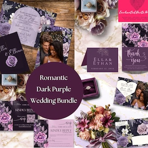 Pacote de convites gatefold florais pretos e roxos, elegante, rosa escura e temperamental para casamentos românticos, modelo fotográfico caprichoso da Canva, ROXO