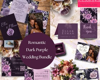 Moody Black & Purple Floral Gatefold Invitation Bundle Elegant Dark Moody Rose for Romantic Weddings, Photo Whimsical Canva Template PURPLE