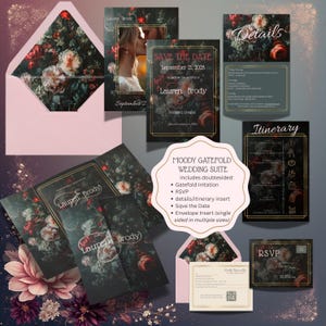 Puede incluir: Un conjunto de papelería de boda con diseños florales y detalles dorados. Incluye invitaciones desplegables, tarjetas RSVP, insertos de detalles/itinerario y tarjetas de reserva de fecha. Presenta los nombres "Lauren Brody" y la fecha de la boda, el 21 de septiembre de 2028.