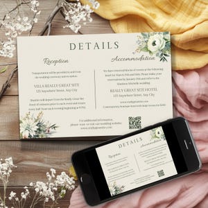 Cartão de detalhes do casamento com código QR verde sálvia clássico, gabinete chique para acomodações e transporte para o seu grande dia Elegante Canva SAGE