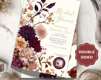May include: A double-sided bridal shower invitation with floral and botanical design. The invitation features the text "Bridal Shower" and details for Isabella Grace's shower. The design includes flowers in shades of pink, burgundy, and peach.