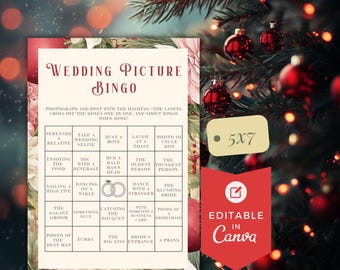 Wedding Picture Bingo Game | Guest Photo Challenge Reception Activity | Christmas Wedding | Editable Canva Printable