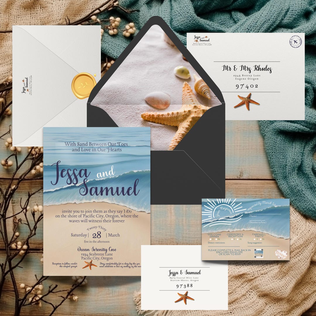 Beach Wedding Invitation Suite – Tropical Canva Template (digital ...