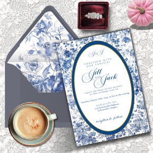 French Blue Toile Wedding Invitation Template, Dusty Blue Invite Set, Printable Floral Design, Instant Download BLU