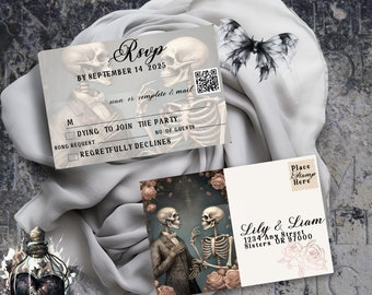Skeleton Wedding RSVP Postcard, Gothic Halloween Response (Canva Template)