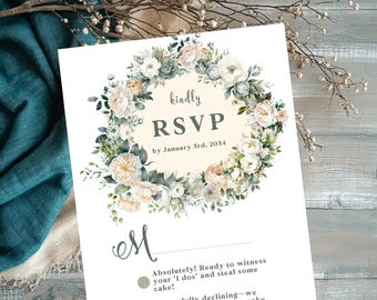 Tarjeta de confirmación de asistencia con corona floral, plantilla de boda con rosas color crema (descarga digital)
