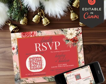 May include: A wedding RSVP card with a red central panel and floral border. The card includes the text "kindly RSVP" and wedding details. A smartphone displays the card's design. The words "Editable in Canva" are also visible.