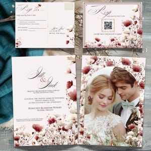 May include: Wedding invitation suite featuring a photo of a couple, RSVP cards, and an invitation card. The design includes burgundy and white floral accents. The invitation includes the names "Jill & Jack" and event details.