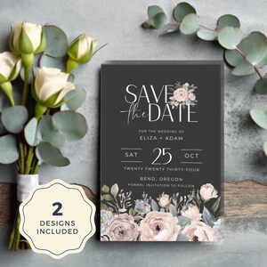Save the Date Canva Template Set Floral Wedding Announcement Editable Modern Script Card Dark & Light Design Options Instant Download DROS