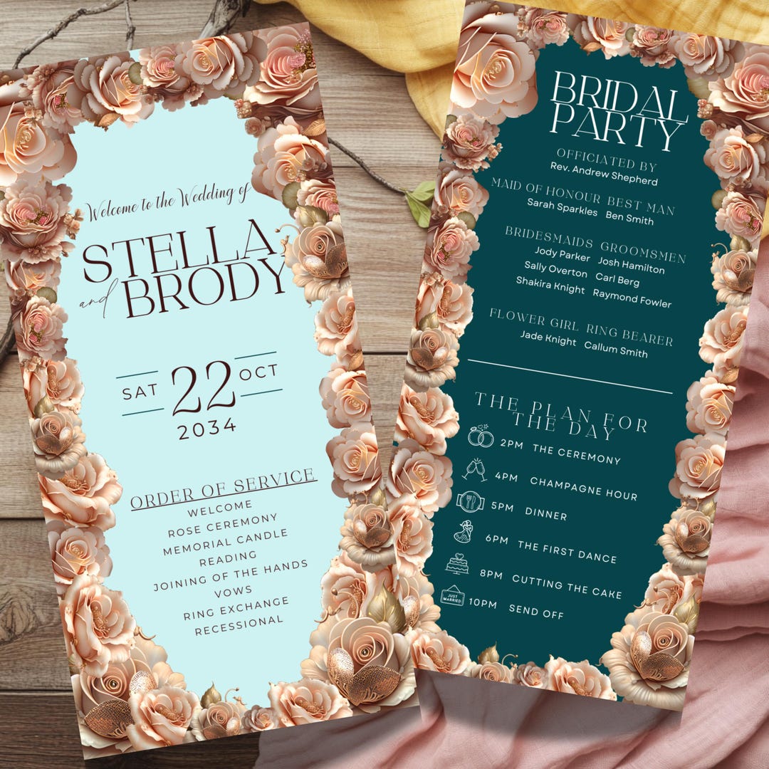 Rose Gold Program Rose Gold Floral Wedding Program Template, Teal Order of Service (canva ...