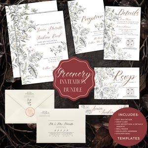 Botanisches Hochzeitseinladungs-Paket | Editable Canva Suit: Antwortkarten, Details, Bauchband & Aufkleber | Grün, Natur Thema, digitaler Download