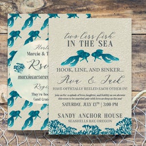 Faire-part de douche nuptiale sur le thème de la pêche, célébration nautique liée à la plage, modèle de toile imprimable modifiable, deux poissons de moins dans la mer