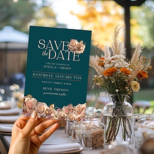 Save the Date Magnet Rose Gold Teal Editable Printable Wedding Card, Digital Download Canva  Template  Elegant Engagement Announcement TEAL