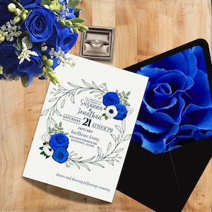 Faire-part de mariage bohème chic, imprimable, bleu royal, blanc et argent, faire-part de mariage, modèle toile, téléchargement numérique, design floral ROYAL
