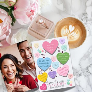 May include: A save the date card with a pink, blue, green, and yellow heart design. The card features a question and answer format with the text "Are you free on 2.14.28?" and "Save the Date Lila & Elijah February 14, 2028".
