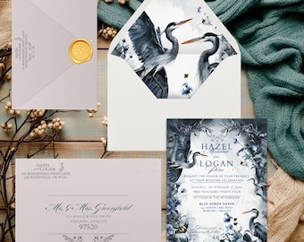 Elegant Blue Heron Wedding Invitation Set – Editable Canva Templates with Envelope Liner & Address Instant Access Digital  Download HERON