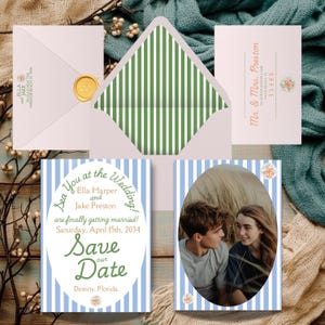 Save the Date Card Bundle - Bearbeitbare Canva-Vorlagen mit passendem Umschlagfutter und Adressetikett für Küstenhochzeiten doppelseitig