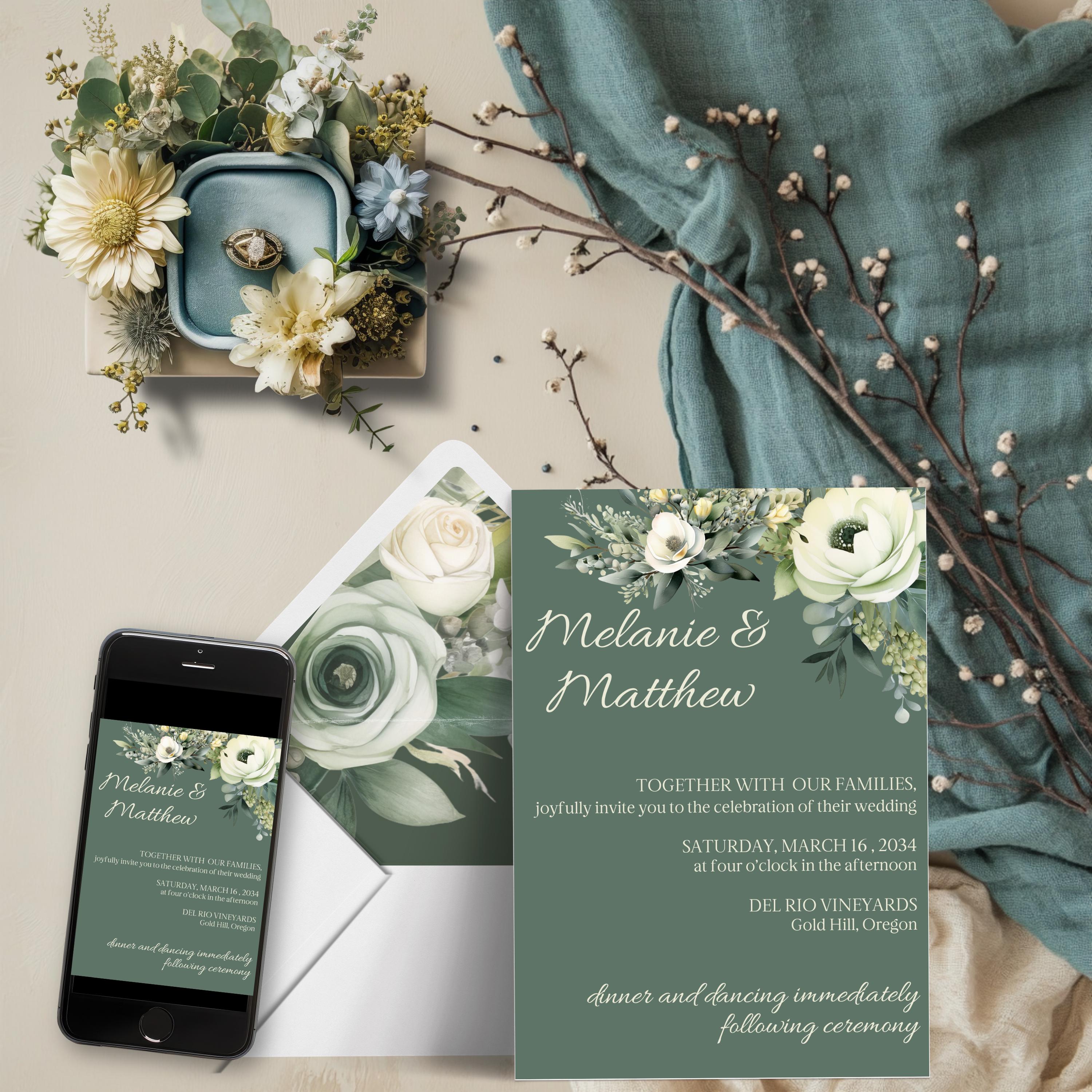 Sage Green Floral Wedding Invitation Set | Rustic Garden Chic Design ...