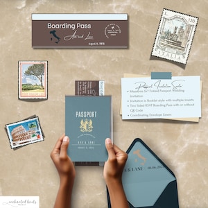 Editable Passport Wedding Invitation Set with QR code, Instant Download Perfect for Destination Wedding Canva Template PASS