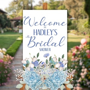 Blue Hydrangea Bridal Shower Welcome Sign, Dusty Blue Bridal Brunch, Floral Wedding Decor, Canva Template, Elegant Garden, BLU SIGN SHOWER