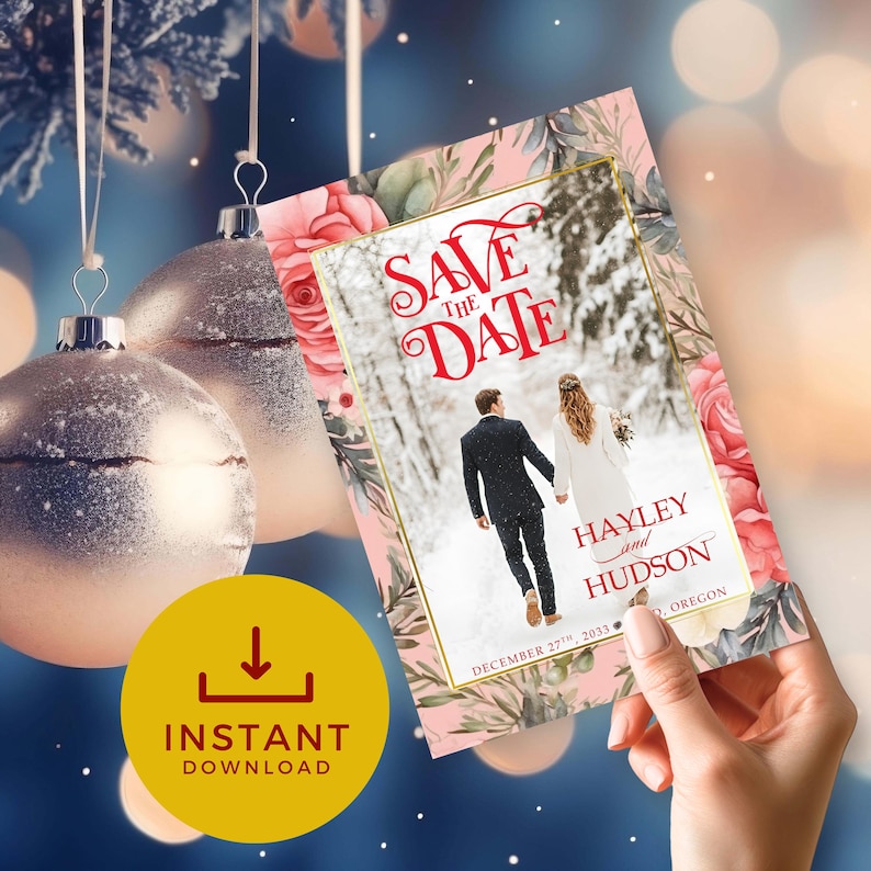 Winter Rose Save the Date Template Editable Canva Photo Card Romantic Winter Rose Save the Date Template Editable Canva Photo Card Romantic